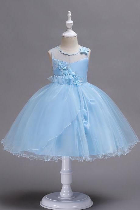 Princess Flower Girls Dress Sleeveless Lace Wedding Birthday Party Tutu Gowns Children Clothes light blue