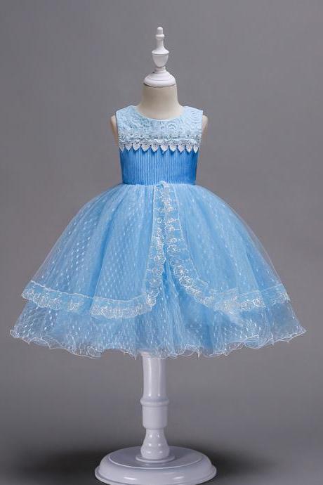 Lace Flower Girl Dress Sleeveless Princess Wedding Birthday Party Gown Children Clothes light blue