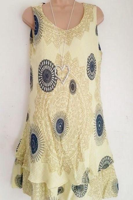 Women Floral Printed Mini Dress Summer Sleeveless Plus Size A Line Boho Beach Sundress pale yellow 