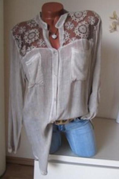 Women Blouse Lace Patchwork Long Sleeve Pocket V Neck Casual Loose Plus Size Shirt Gray