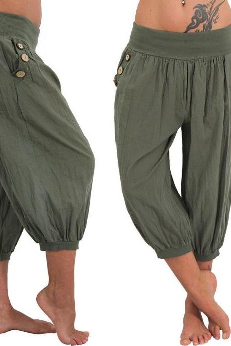 Women Aladdin Harem Pants Elastic Waist Plus Size Calf-Length Sportwear Workout Summer Casual Loose Capri Trousers army green
