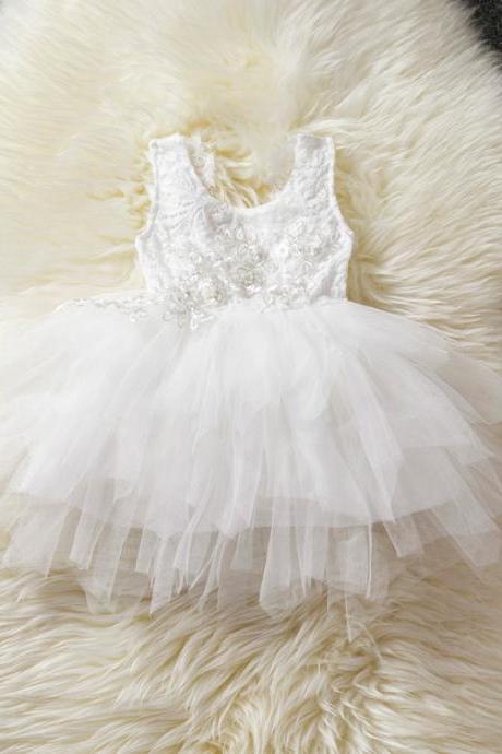 Baby Girl Tulle Dress Princess Cake Tutu Layered Sleeveless Lace Wedding Party Flower Girl Dress off white