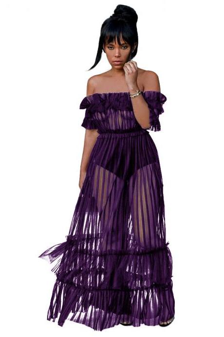 Sexy Off Shoulder Maxi Dress See Through Sheer Mesh Long Night Club Party Dress purple