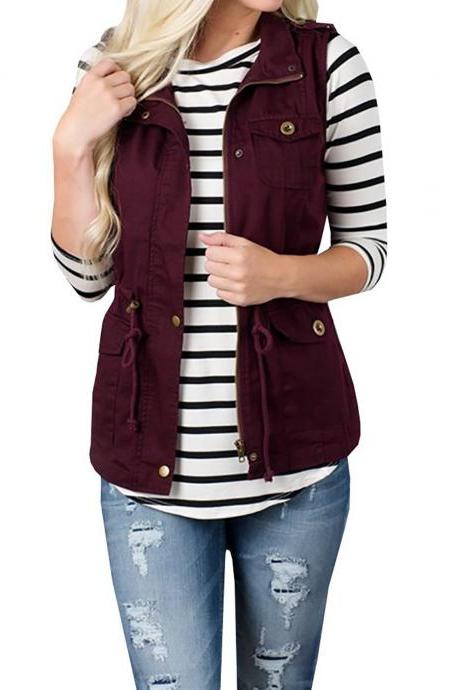 Women Waistcoat Fashion Pocket Buttons Casual Sleeveless Vest Cost Jacket Outwear burgundy