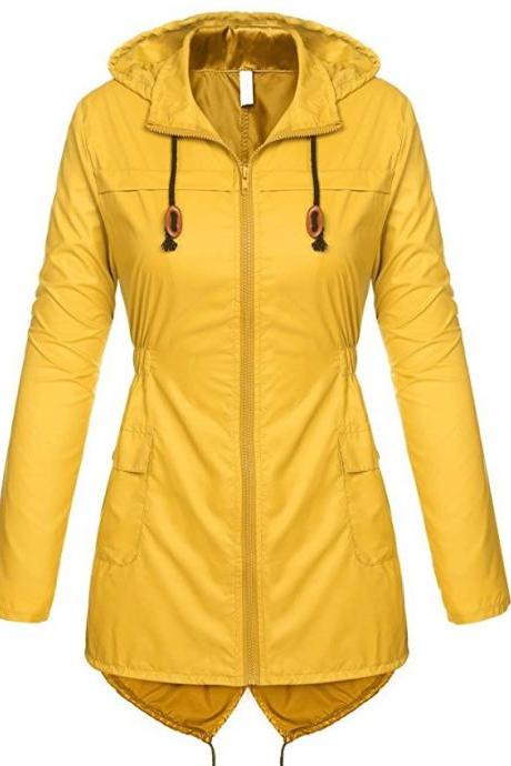 Women Raincoat Spring Autumn Hooded Long Sleeve Slim Fit Casual Waterproof Coat Jacket Yellow