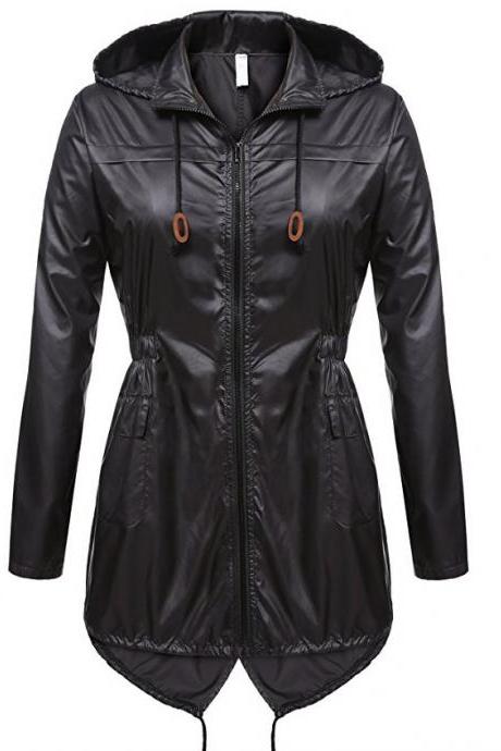 Women Raincoat Spring Autumn Hooded Long Sleeve Slim Fit Casual Waterproof Coat Jacket black