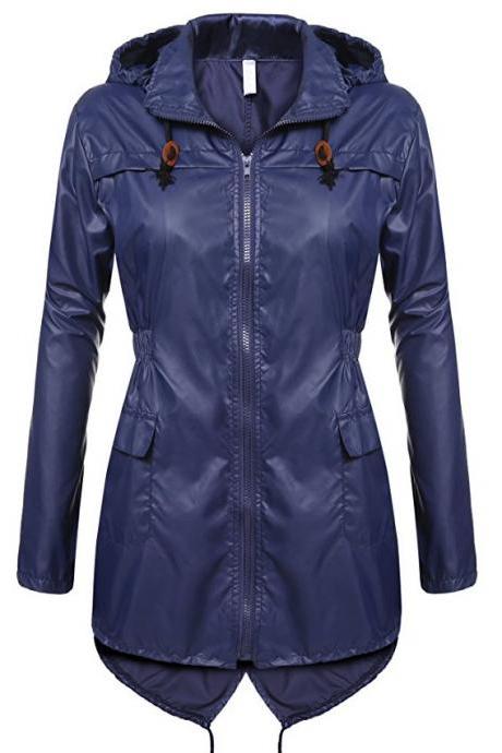 Women Raincoat Spring Autumn Hooded Long Sleeve Slim Fit Casual Waterproof Coat Jacket navy blue
