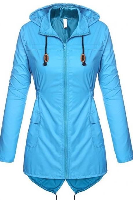 Women Raincoat Spring Autumn Hooded Long Sleeve Slim Fit Casual Waterproof Coat Jacket Sky Blue