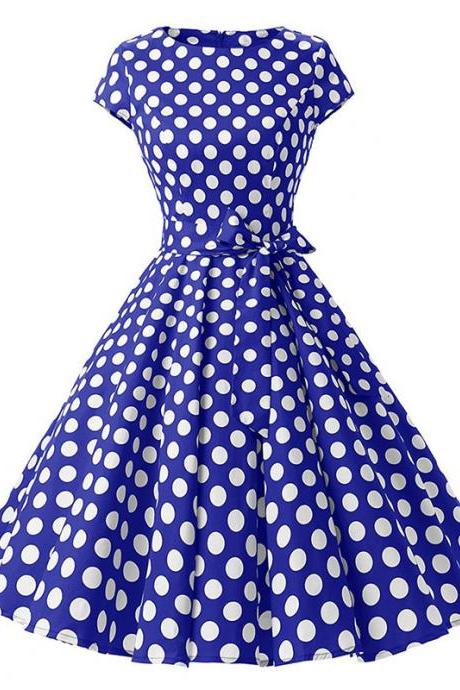 Vintage Polka Dot Dress Women Summer Short Sleeve Belted Rockabilly Casual Party Dress blue (big dot)