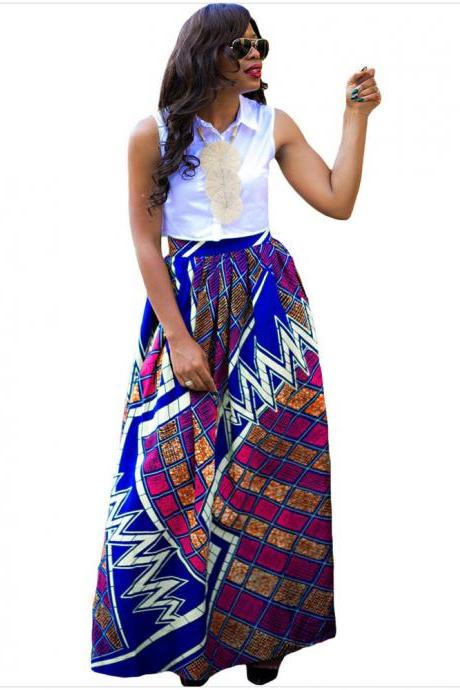 Women African Maxi Skirt Floral Printed High Waist Pleated Floor Length Boho Beach Long Skirt Q0002
