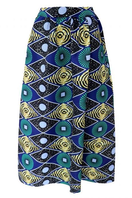 Women African Maxi Skirt Floral Printed High Waist Pleated Floor Length Boho Beach Long Skirt Q0003