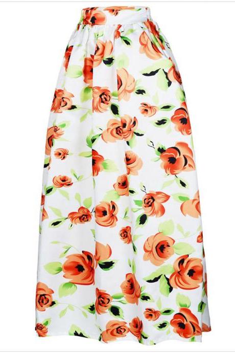 Women African Maxi Skirt Floral Printed High Waist Pleated Floor Length Boho Beach Long Skirt Q0004