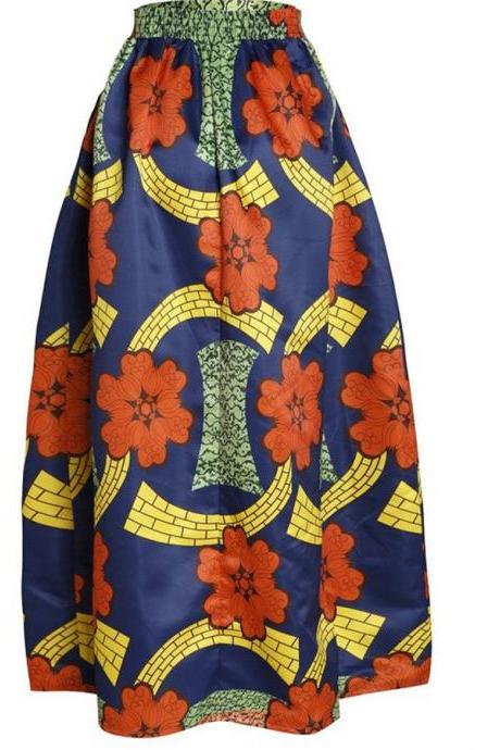 Women African Maxi Skirt Floral Printed High Waist Pleated Floor Length Boho Beach Long Skirt Q0007