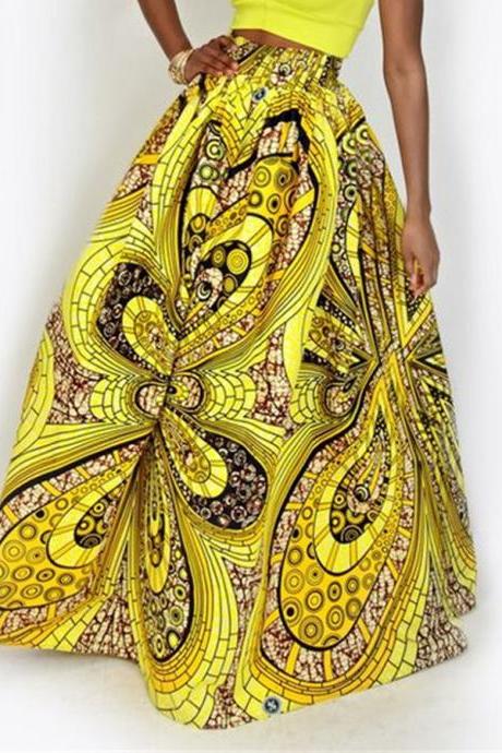 Women African Maxi Skirt Floral Printed High Waist Pleated Floor Length Boho Beach Long Skirt Q00011