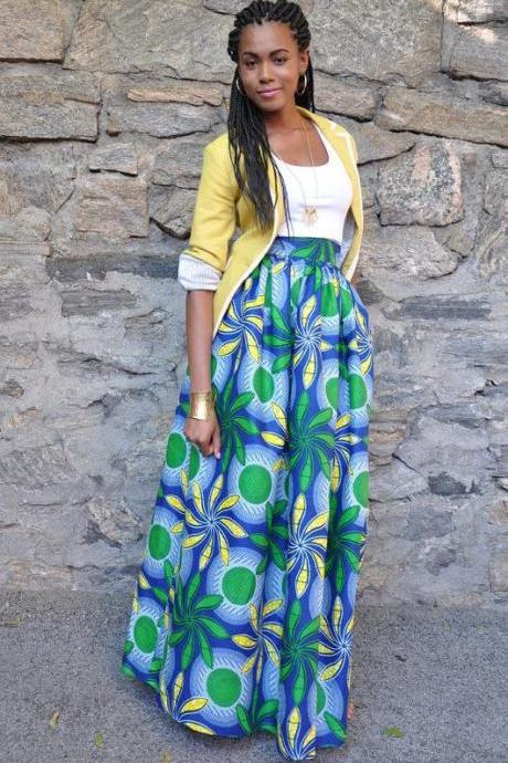 Women African Maxi Skirt Floral Printed High Waist Pleated Floor Length Boho Beach Long Skirt Q00013