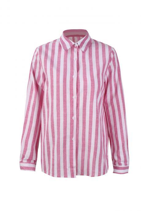 Women Striped Blouse Autumn V-Neck Button Turn down Collar Long Sleeve Work Tops Shirt pink