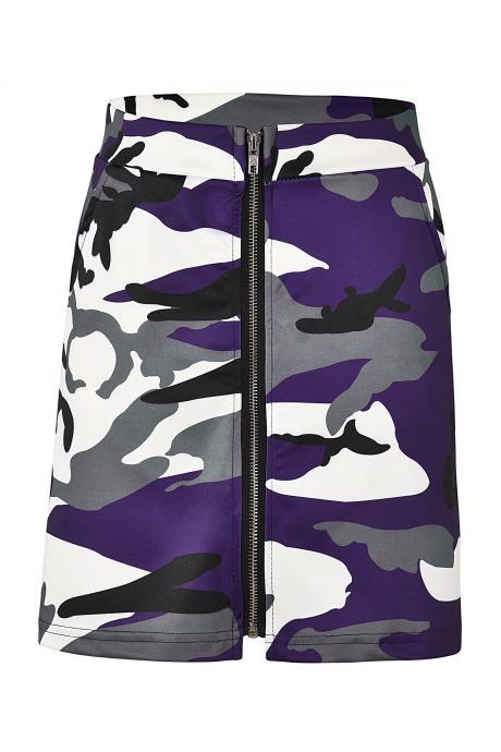 Women Camouflage Mini Skirt Front Zipper High Waist Sexy Slim Shoot Bodycon Skirt Purple