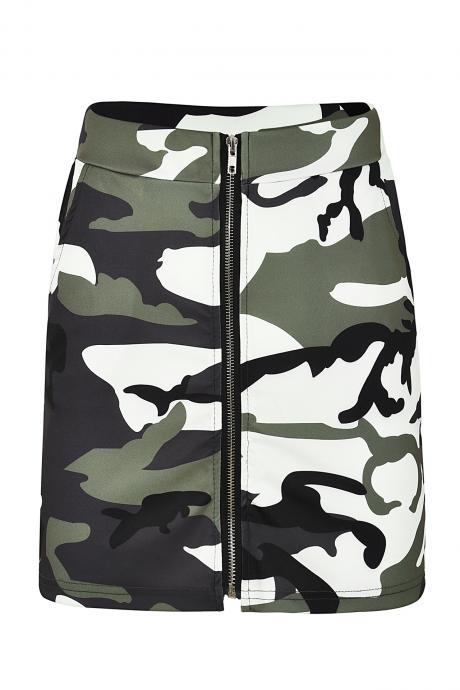 Women Camouflage Mini Skirt Front Zipper High Waist Sexy Slim Shoot Bodycon Skirt army green