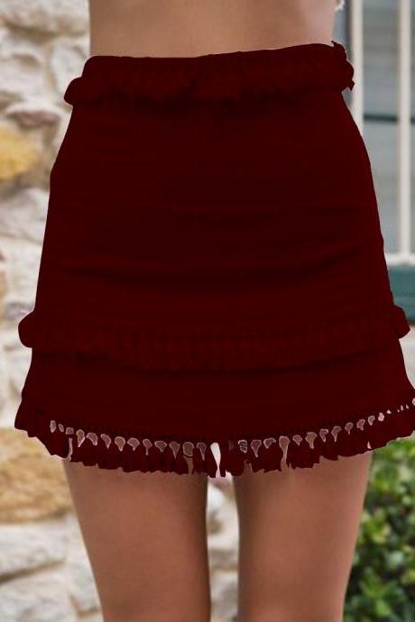 Women Mini Skirt Tassel Patchwork Casual Hight Waist Summer Streetwear Short Bodycon Skirt dark orange red