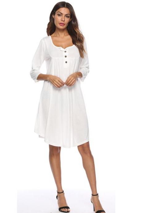 Women T Shirt Dress Autumn 3/4 Sleeve Buttons Plus Size Causal Loose Midi Dress off white