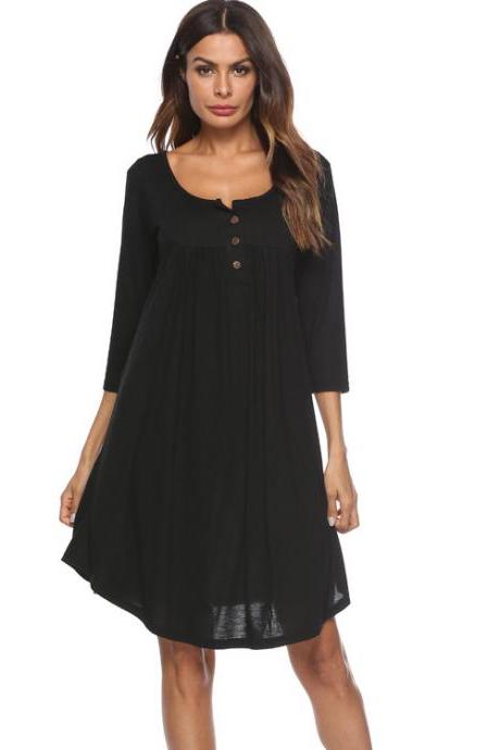 Women T Shirt Dress Autumn 3/4 Sleeve Buttons Plus Size Causal Loose Midi Dress black