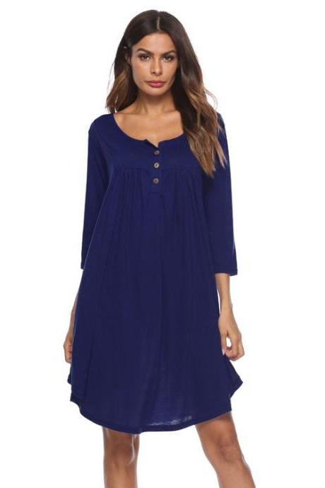 Women T Shirt Dress Autumn 3/4 Sleeve Buttons Plus Size Causal Loose Midi Dress navy blue