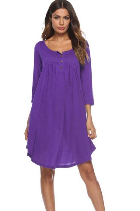 Women T Shirt Dress Autumn 3/4 Sleeve Buttons Plus Size Causal Loose Midi Dress purple