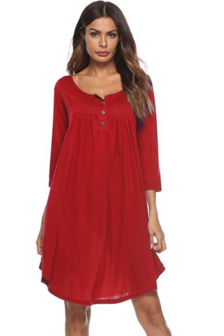 Women T Shirt Dress Autumn 3/4 Sleeve Buttons Plus Size Causal Loose Midi Dress red