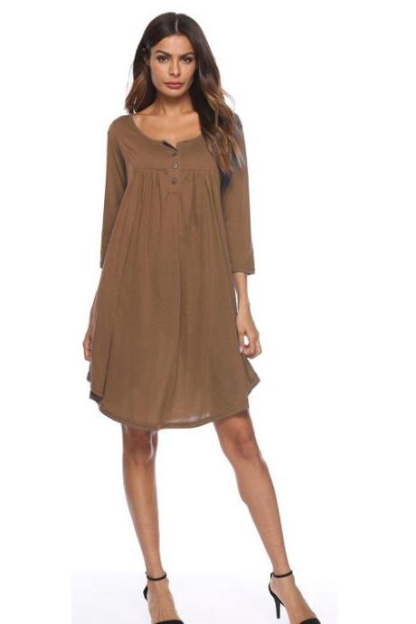 Women T Shirt Dress Autumn 3/4 Sleeve Buttons Plus Size Causal Loose Midi Dress khaki