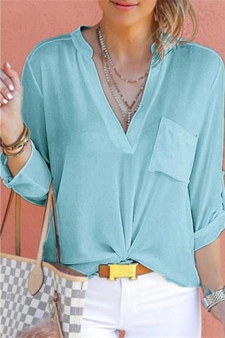 Women Chiffon Blouse V Neck Long Sleeve Pockets Ol Plus Size Casual Loose Tops Shirt Aqua