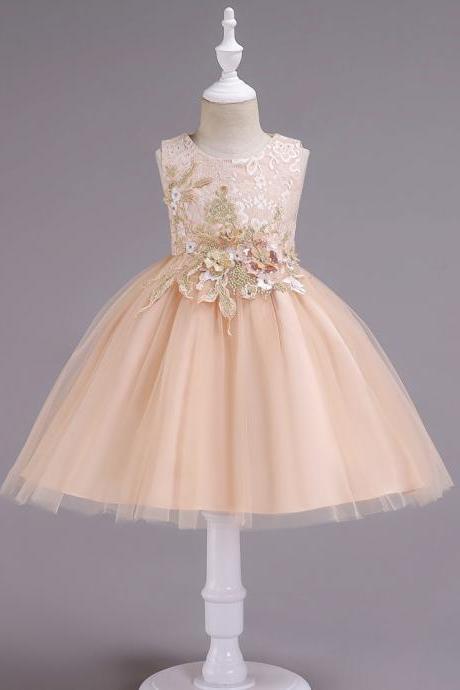 Lace Flower Girl Dress Sleeveless Princess Formal Birthday Party Tutu Gown Kids Children Clothes Champagne