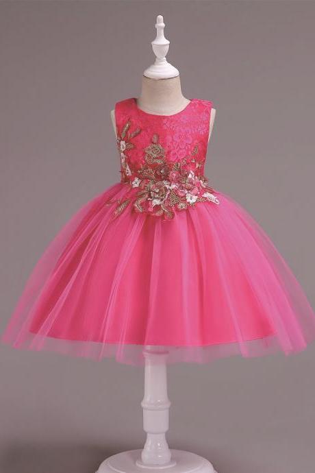Lace Flower Girl Dress Sleeveless Princess Formal Birthday Party Tutu Gown Kids Children Clothes Hot Pink