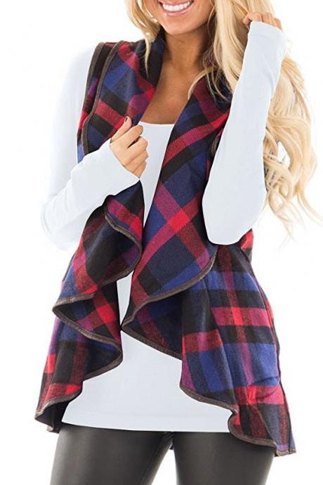 Women Plaid Waistcoat Spring Autumn Lapel Neck Casual Sleeveless Coat Cardigan Vest Jackets red+blue