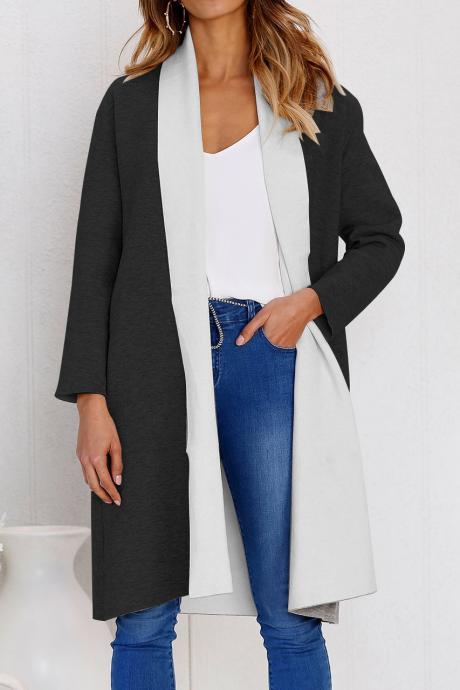 Women Woolen Trench Coat Autumn Warm Patchwork Casual Long Sleeve Cardigan Jacket black+white