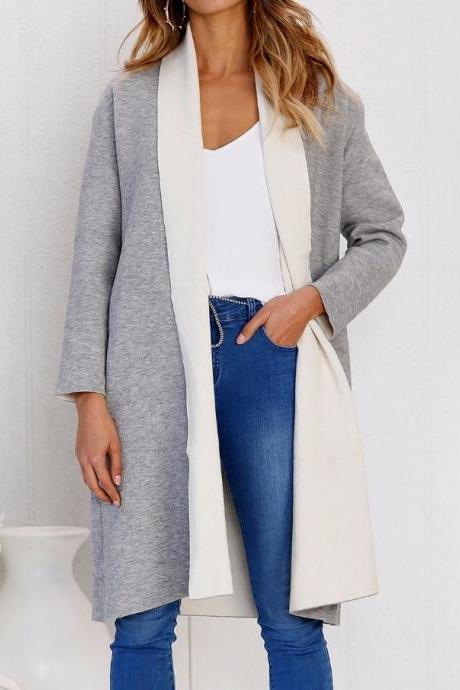 Women Woolen Trench Coat Autumn Warm Patchwork Casual Long Sleeve Cardigan Jacket gray+white 