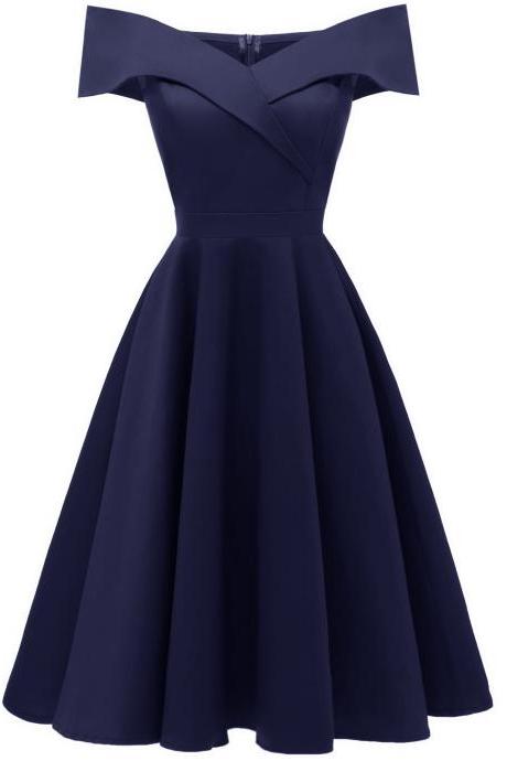 Women Off Shoulder Casual Dress Sleeveless A Line Work Office Evening Party Dress Navy Blue