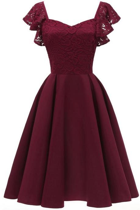 Women Casual Dress Vintage Ruffle Lace Cap Sleeve A Line Work Office Party Dress Burgundy