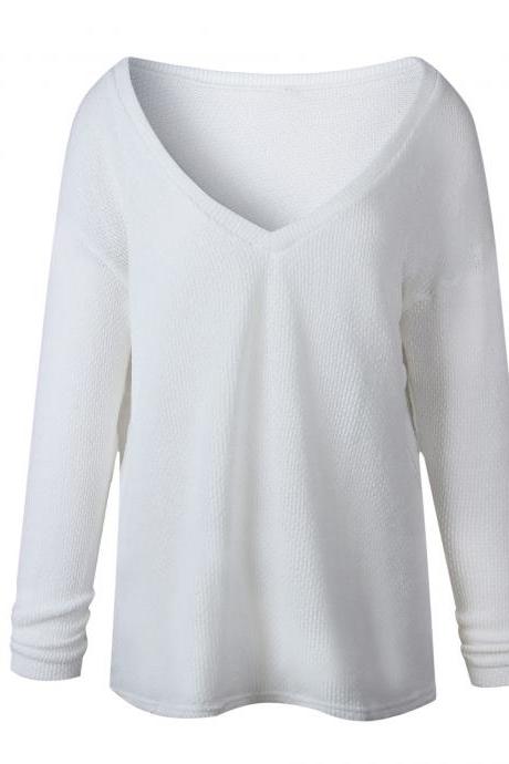 Women Knitted Sweater Spring Autumn V Neck Long Sleeve Casual Loose Top Pullover Off White