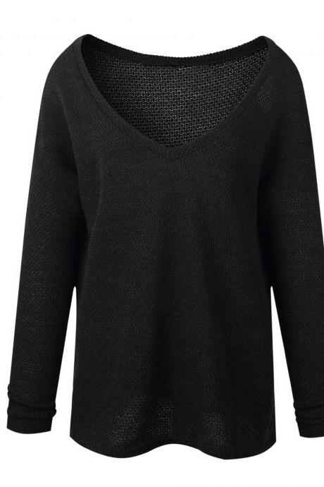 Women Knitted Sweater Spring Autumn V Neck Long Sleeve Casual Loose Top Pullover black