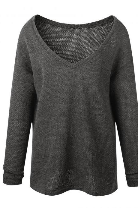 Women Knitted Sweater Spring Autumn V Neck Long Sleeve Casual Loose Top Pullover dark gray