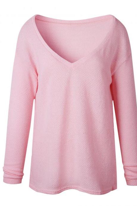 Women Knitted Sweater Spring Autumn V Neck Long Sleeve Casual Loose Top Pullover pink