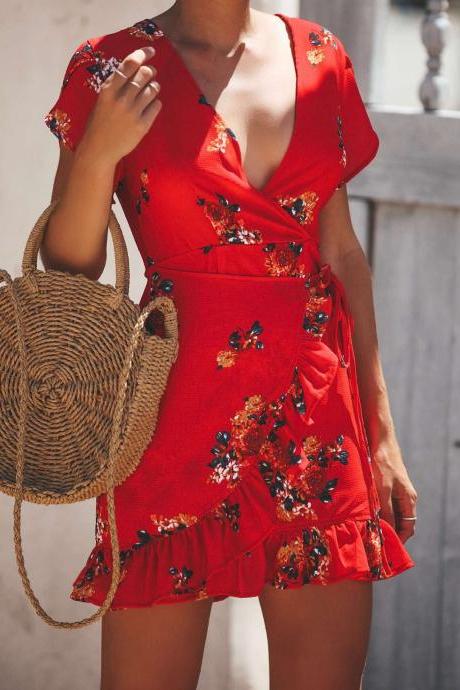 Boho Floral Printed Dress Women Summer Beach V Neck Short Sleeve Ruffles Mini Wrap Dress 1#