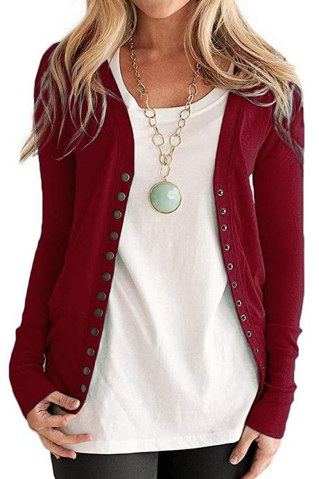 Women Cropped Cardigan V Neck Long Sleeve Button Slim Short Sweater Coat Jacket burgundy