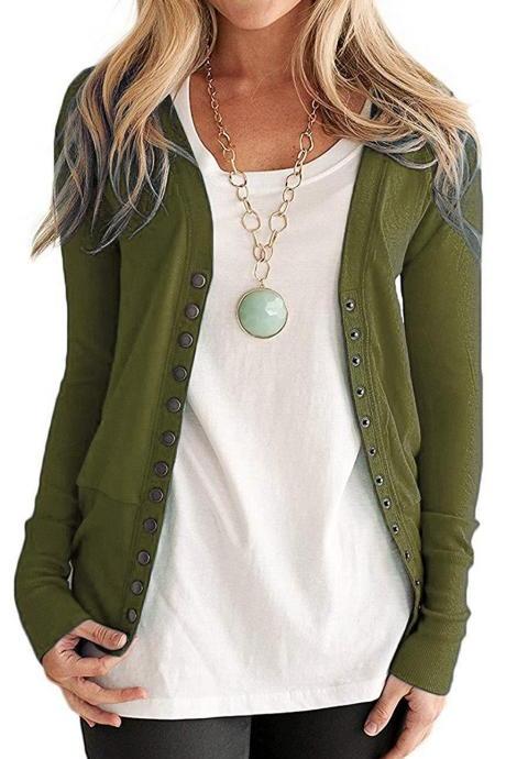 Women Cropped Cardigan V Neck Long Sleeve Button Slim Short Sweater Coat Jacket moss green