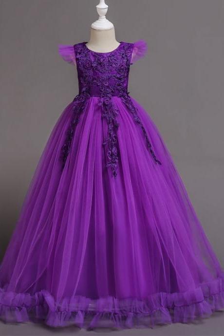 Long Flower Girl Dress Lace Cap Sleeve Formal Party Evening Gown Children Clothes Purple