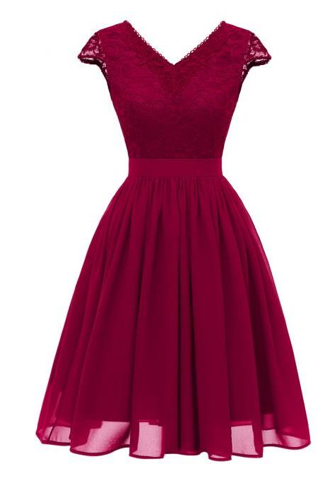 Women Casual Dress V Neck Cap Sleeve Lace Rockabilly Summer A Line Work Party Dress Burgundy