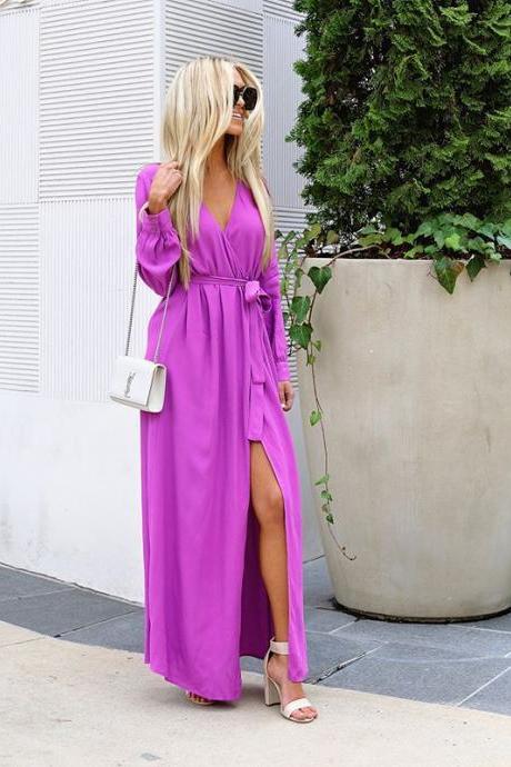 Women Maxi Dress V Neck Long Sleeve Split Belted Long Casual Beach Dress purple