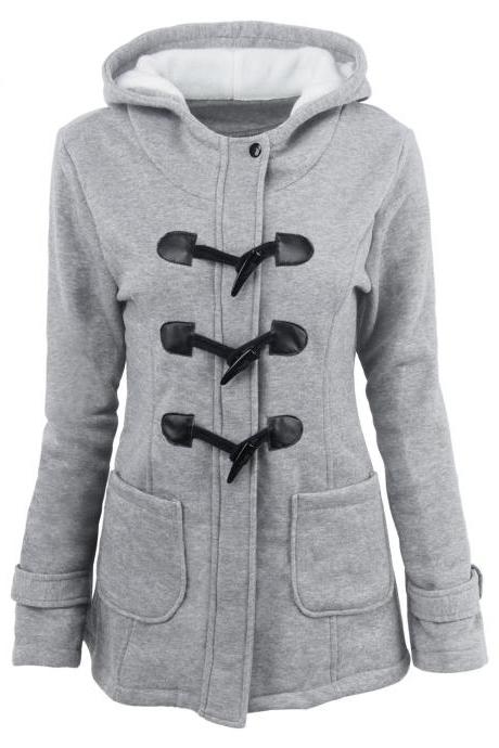 Women Parka Jacket Hooded Solid Warm Horns Buckle Winter Long Sleeve Slim Wadded Long Casual Coat gray