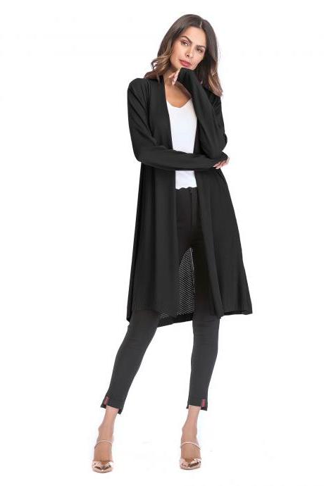Women Knitted Cardigan Long Sleeve Solid Thin Casual Loose Long Sweater Coat Outerwear black