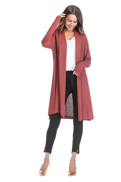 Women Knitted Cardigan Long Sleeve Solid Thin Casual Loose Long Sweater Coat Outerwear brick red
